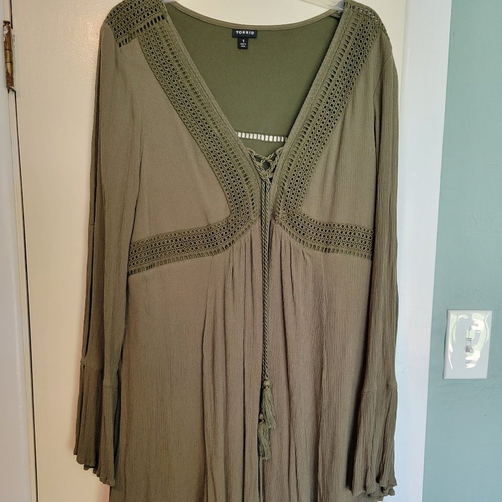 Lace-Up Skater Dress – Gauze Olive Green